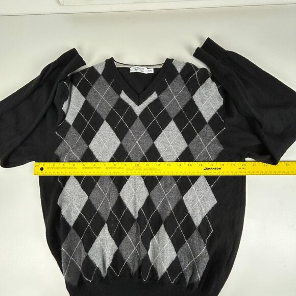 San Marco Sweater Mens M 100% Merino Wool Italy Black Grey Argyle V Neck Jumper - Picture 8 of 12